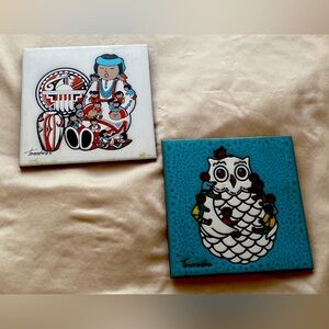 TWO CLEO TEISSEDRE ARTIST SIGNED TILES